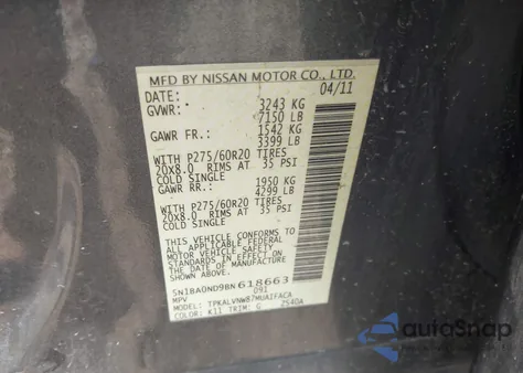 2011 Nissan Armada Platinum from USA, damaged, VIN 5N1BA0ND9BN618663